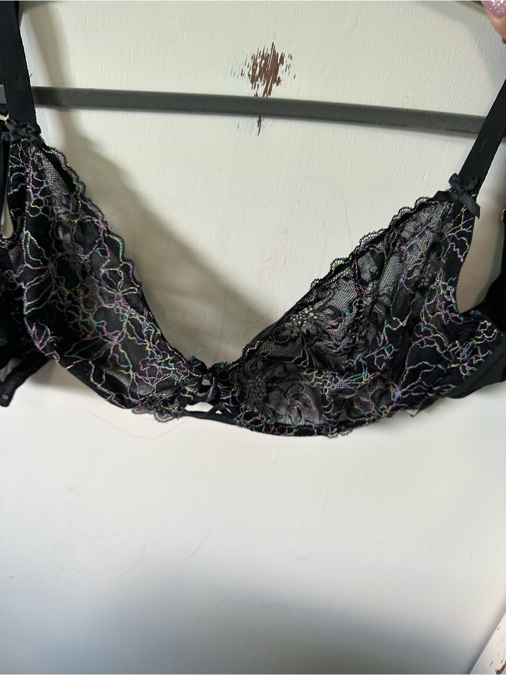 Black Lace Balconette Bra with Multicolor Embroidery 40DDD